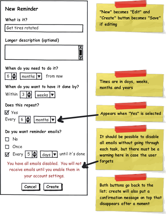 The form for creating a reminder.  Users can say what it is, when they need to do it relative to now, how long they should take to do it, whether/how often it repeats, and if they want email alerts.