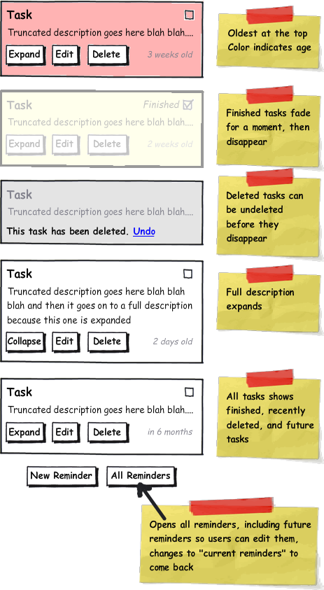 Task list.  Basically the same for current and all tasks.  Tasks with the earliest "due date" appear at the top, color (& text) indicates age.